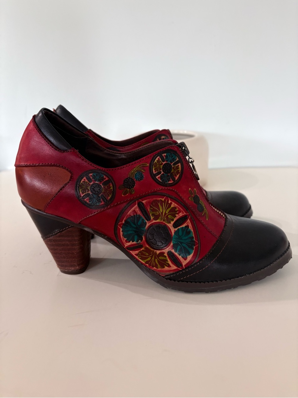 Women's Red Leather Floral Embellished Ankle Booties - Picture 3 of 13